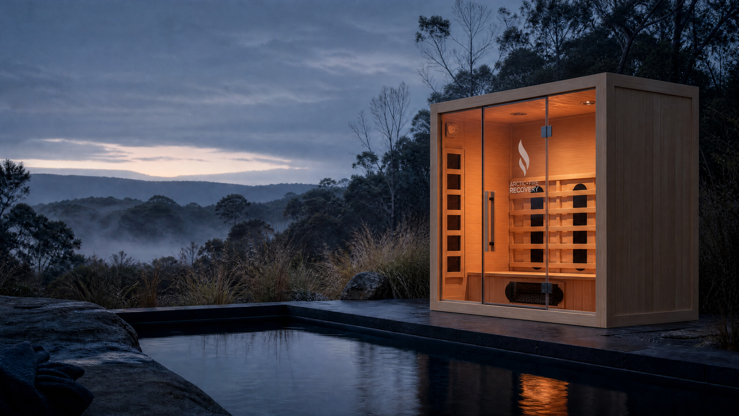 An Arctic Fire Recovery infrared sauna beside a plunge pool